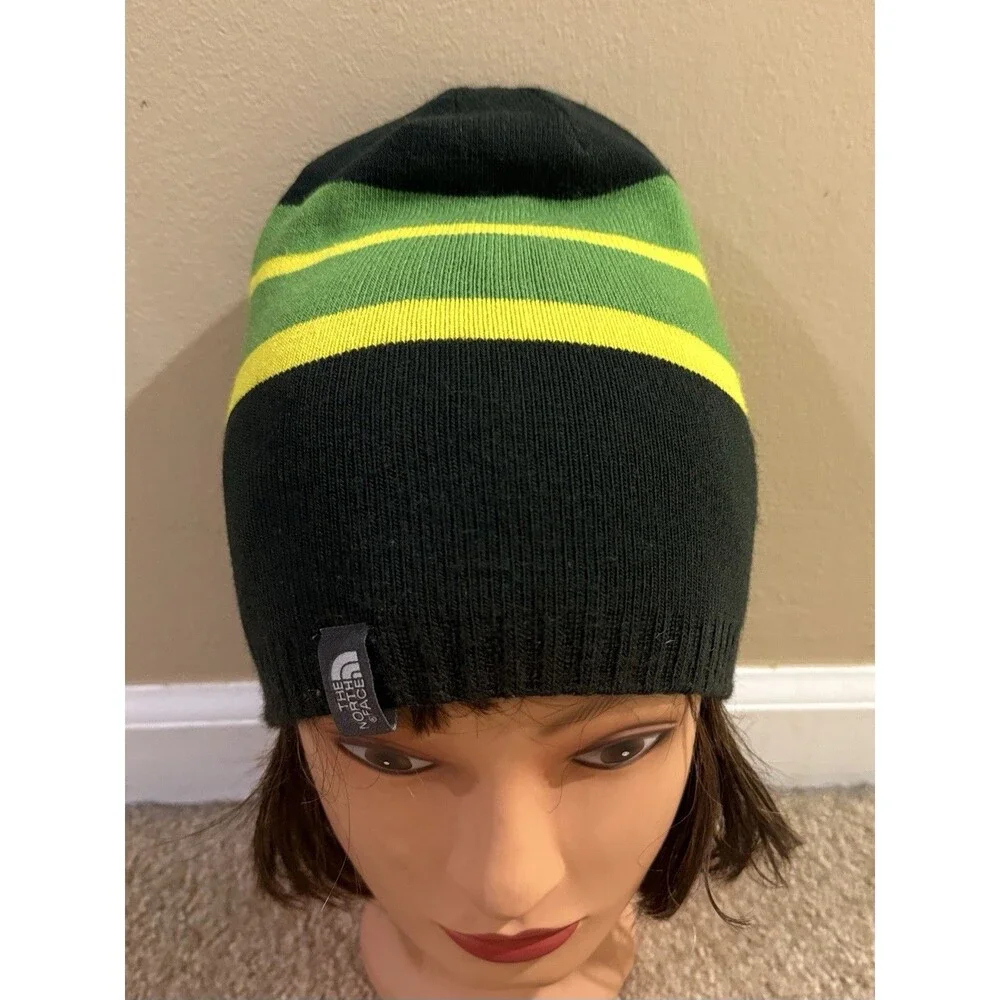 The North Face Youth Reversible Beanie Gorpcore Black Green Stripe Knit Hat Sz M